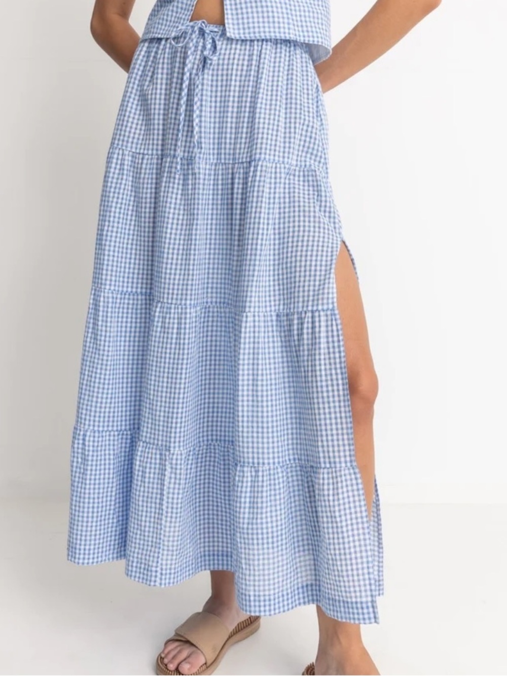 Rhythm Lola Check Tiered Maxi Skirt - Blue/White - Size 4